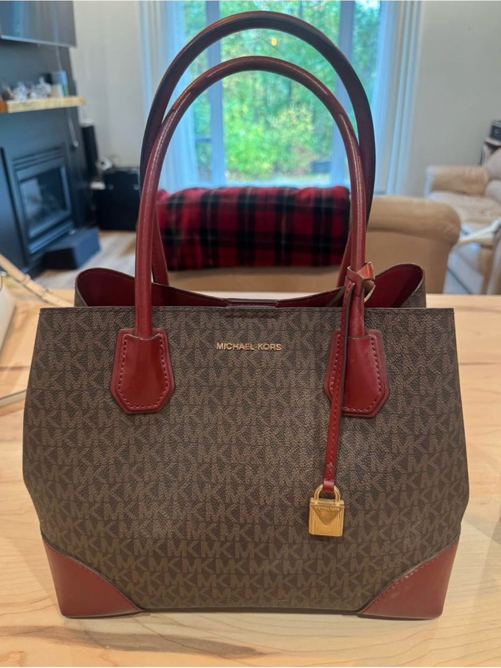 Michael Kors Brown Logo Tote with Red Trim and Gold Hardware